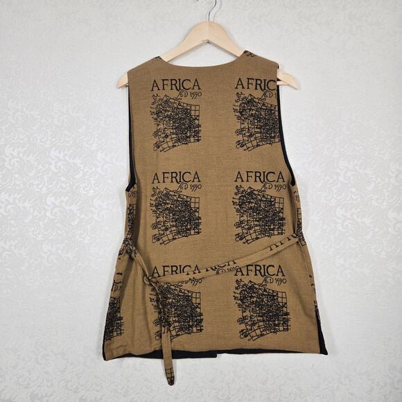 VTG Ashro Africa Map Print Vest sz M Brown Black 100% Cotton Back Adj Belt - Picture 8 of 15